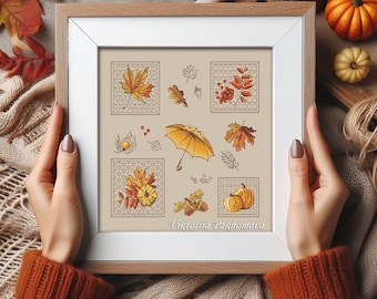 Autumn Cross Stitch Pattern: Maple Leaf & Pumpkin Embroidery (PDF Download)