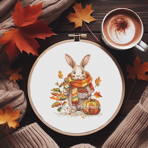 Herbst Kaninchen Kreuzstich Stickmuster pdf Bunter Kürbis Herbst Pilz Wandbild Ahornblatt Waldtier Stickerei digitaler download