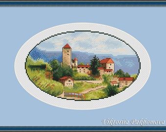 Italy cross stitch pattern pdf Pictorial houses summer landscape oval shape embroidery Modern tapestry digital download made in Ukraine