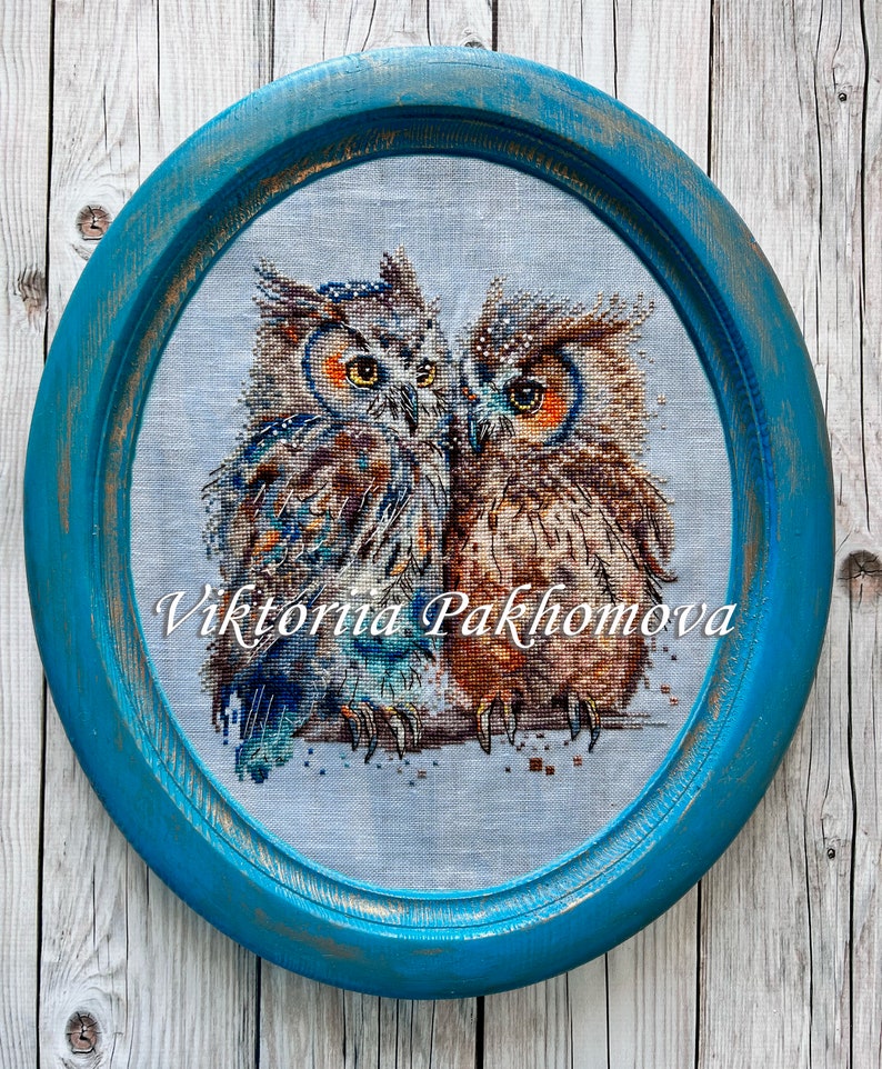 Hiboux amoureux point de croix motif pdf oiseaux picturaux romantiques paire broderie famille drôle tapisserie téléchargement numérique fabriqué en Ukraine image 2