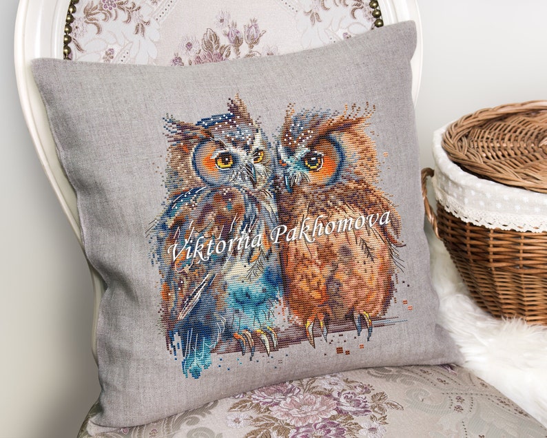 Owls in love cross stitch pattern pdf Romantic pictorial birds pair embroidery Family funny tapestry digital download made in Ukraine image 1