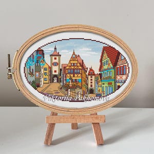 Rothenburg cross stitch pattern pdf Germany embroidery diy craft for adults Oval shape Europe city tapestry chart digital download