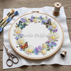 Cornflower Daisy Wreath Cross Stitch Pattern PDF, Folk Art Modern Floral Embroidery (Digital Download)