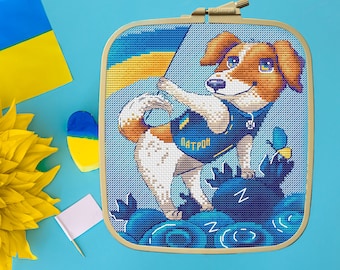 Patron dog cross stitch pattern pdf Jack Russell Terrier patriotic pictorial tapestry diy Ukraine embroidery nursery decor digital download