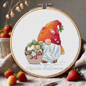 Garden gnome cross stitch pattern pdf Colofrul berry dwarf funny nordic tapestry Summer mini kawaii embroidery digital download