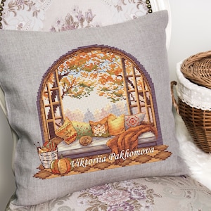 Autumn calm cross stitch pattern pdf Pictorial fall landscape window view tapestry Ginger cat embroidery pumpkin digital download