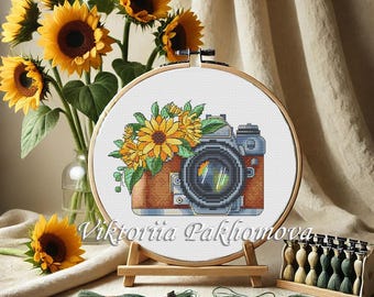 Sunflower Camera Cross Stitch Pattern: Vintage Floral Tapestry, Gift for Photographer