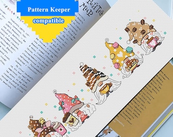 May include: A cross-stitch bookmark featuring four gnomes with various patterned hats and holding coffee cups and cookies. The bookmark is white with a stitched design. Text on the bookmark reads "Pattern Keeper compatible".