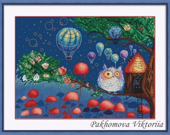 Funny Owl Cross Stitch Pattern, Whimsical Bird Embroidery Chart (PDF Download)