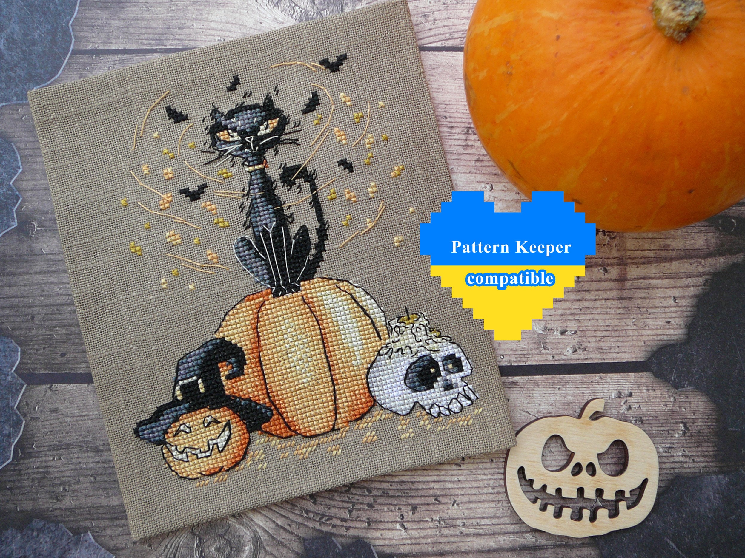 Magic Halloween cross stitch pattern pdf Whimsical black cat embroidery Funky pumpkin tapestry Crazy scull needlepoint digital download