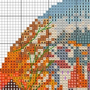 May include: Close-up of a cross-stitch pattern with a fox design. The pattern features various colors, including orange, blue, and brown, with green lines indicating the direction of the stitches. The design includes symbols and numbers.