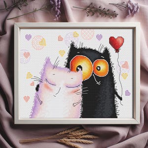 恋する猫のクロスステッチパターン（PDF）白黒のペットのロマンチックな刺繍、面白い動物の結婚式のギフトアイデア、デジタルタペストリーアート
