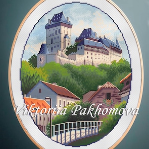 Karlstein Castle Cross Stitch Pattern: Czech Republic Architecture landscape (PDF download)
