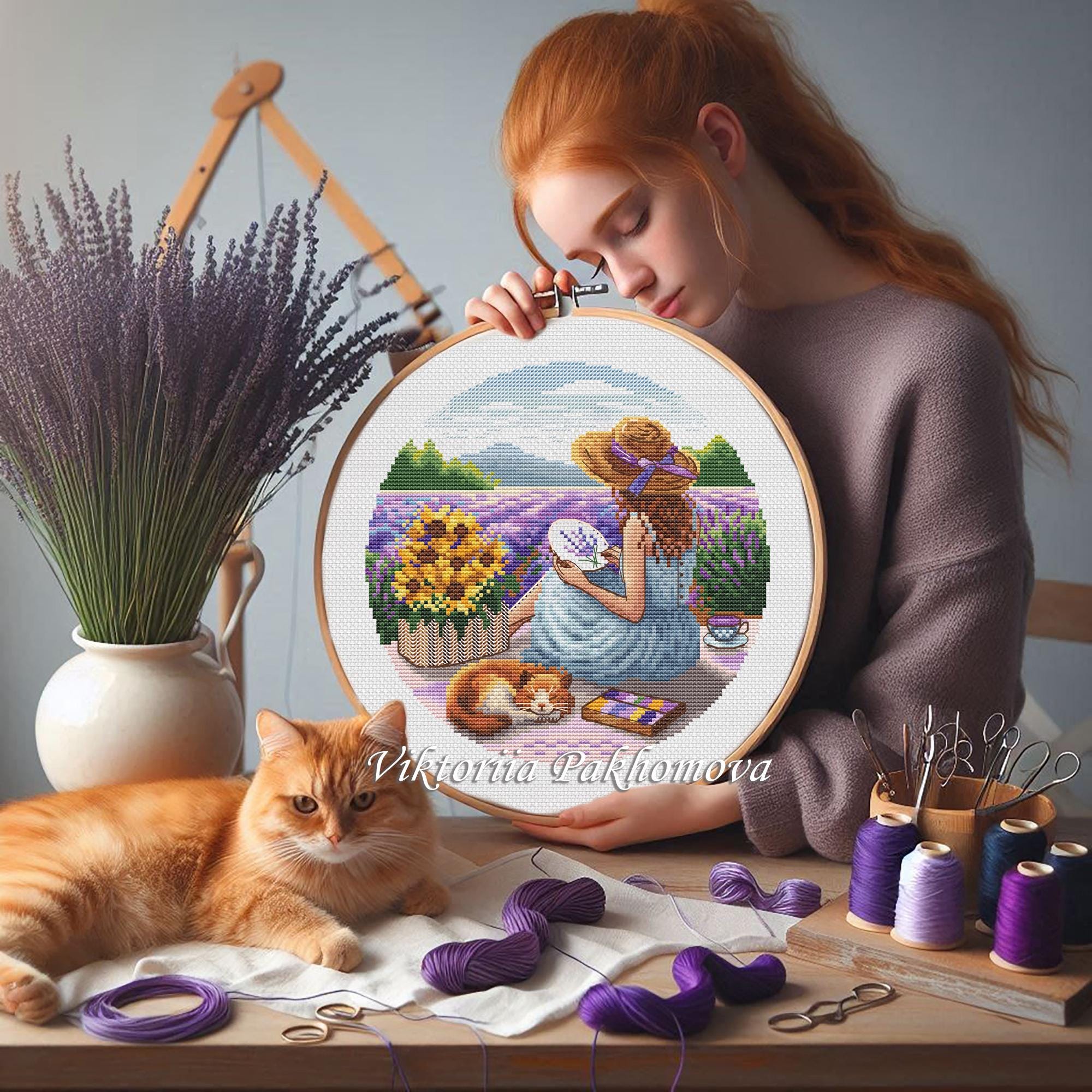 Lavender Fields Cross Stitch Pattern: Girl With Cat (PDF Download