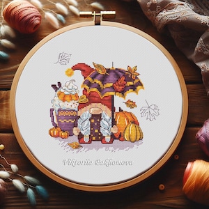 Umbrella gnome cross stitch pattern PDF, Thanksgiving dwarf funny tapestry, Autumn colorful pumpkin embroidery, nursery fabric art decor