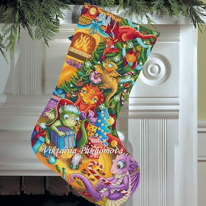 Dragons Christmas stocking cross stitch pattern pdf Festive holiday embroidery gift Winter needlework xmas craft DIY stitching idea