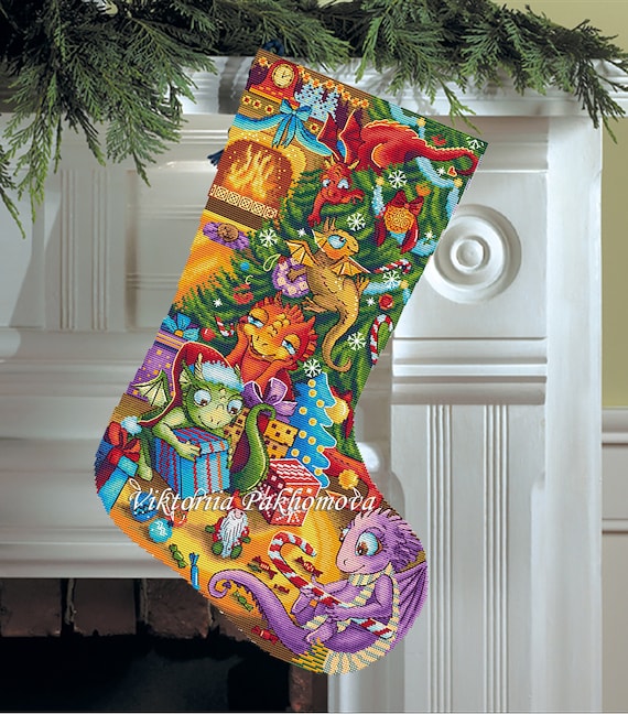 Dragons Christmas Stocking Cross Stitch Pattern: Santa Sock Winter