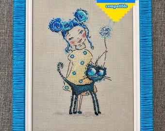 Blue hair girl and cat cross stitch pattern pdf Cute girly art work embroidery Funny black cat tapestry nursery decor digital download