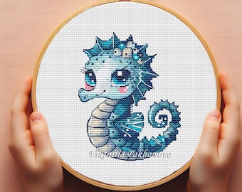 Sweet seahorse cross stitch design Baby nursery decor DIY Whimsical underwater sealife animal kids embroidery Digital PDF pattern keeper