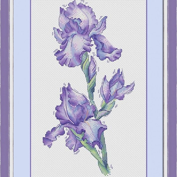 Blue flower iris cross stitch pattern pdf Watercolor floral tapestry colorful needlepoint scheme wall art purple velvet plant