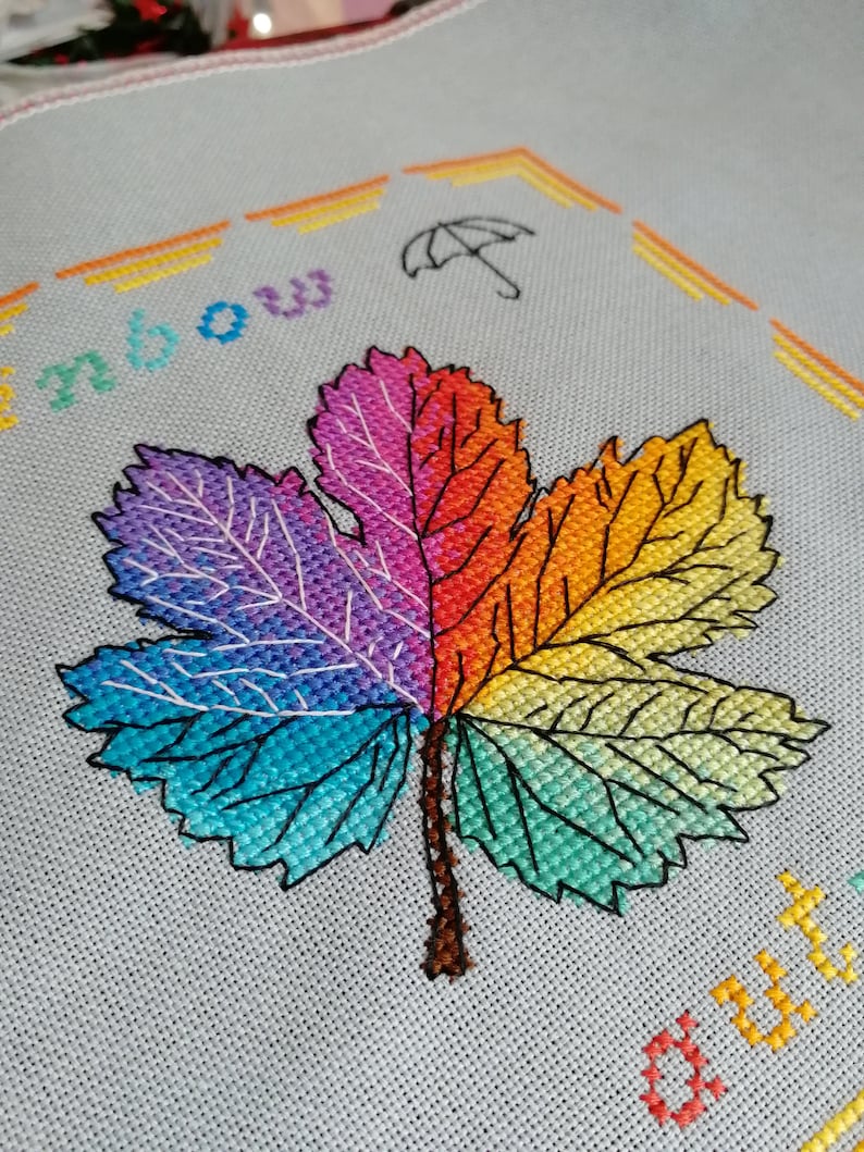 Rainbow Maple Leaf Cross Stitch Pattern: Pictorial Autumn Mini Nature ...