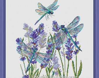 Lavender dragonfly cross stitch pattern pdf Purple blue flower pictorial summer tapestry do it yourself Insect nature herb digital download