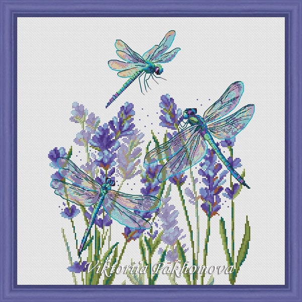 Lavender dragonfly cross stitch pattern pdf Purple blue flower pictorial summer tapestry do it yourself Insect nature herb digital download