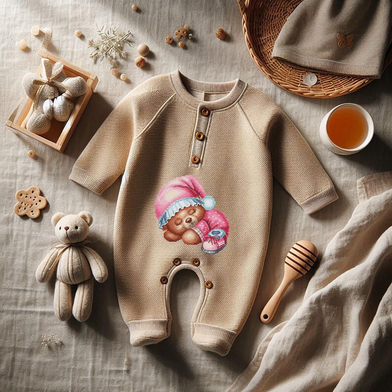 Sleeping Bear Cross Stitch Pattern Pdf Kawaii Animal Girl Kids Pink