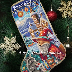 クリスマスストッキングのクロスステッチパターン：カスタムおとぎ話のキツネと仲間たちの刺繍（PDFデジタルダウンロード）