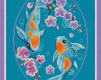 Kruissteekpatroon karper koi: Japanse ying-yangvis kleurrijk bloemenborduurwerk (pdf)