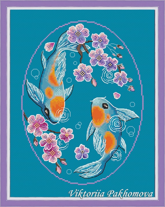 Carp Koi Cross Stitch Pattern: Japanese Ying Yang Fish Colorful