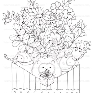 Super Cute Animal Hedgehog Flower Coloring Page - Lulu Mayo - Téléchargement numérique instantané - Les hérissons vous envoient des voeux dans la carte de voeux