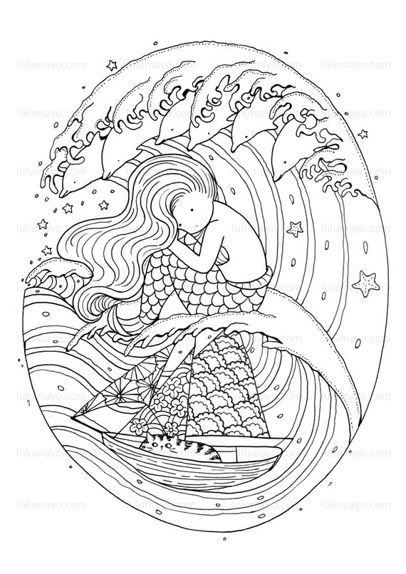 Cute Mermaid Dolphin Wave Coloring Page Lulu Mayo Instant Download Coloring Pages For Adults And Kids By Lulu Mayo