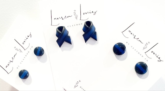 Thin blue line stud earrings blue ribbon earrings studs police earrings remembrance day polymer clay earrings handmade by Claydohco Etsy