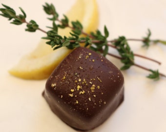 Lemon Thyme; Handcrafted, gourmet caramel in dark chocolate