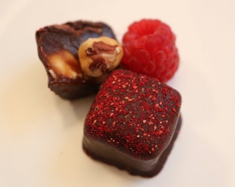 Raspberry Hazelnut; Handcrafted, gourmet caramel in dark chocolate