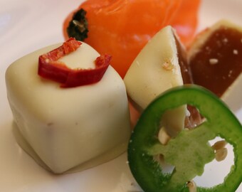 Hot Momma; Handcrafted, gourmet Jalapeño and Habanero caramel in white chocolate