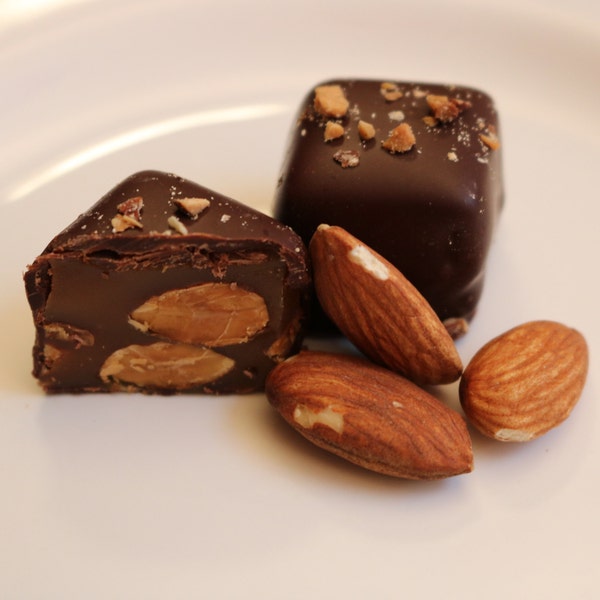 Roasted Almond; Handcrafted, gourmet caramel in dark chocolate