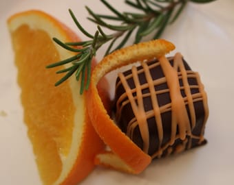 Orange, Rosemary Vanilla; Handcrafted, gourmet caramel in dark chocolate