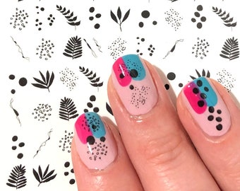 Black Leaf Nail Decals: Abstract Floral Water Slide Stickers