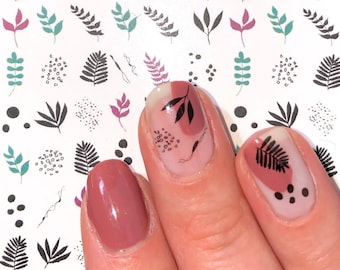 Abstract Leaves Nail Decals: Black, Purple & Green Floral Nail Art