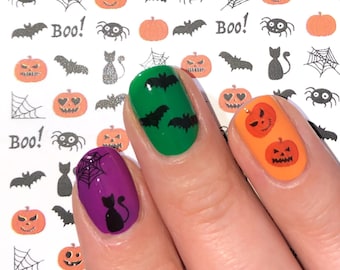 Halloween Nail Art pumpkin bats spider web boo trick or treat Jack-o'-lantern spooky season scary decals water stickers