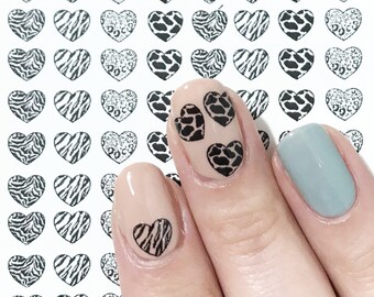 Animal Print Heart Nail Decals: Tiger, Giraffe, Antelope