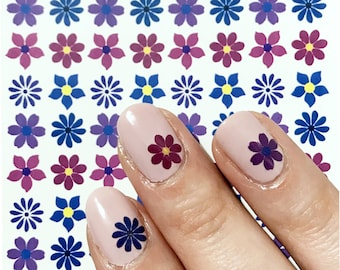 Retro Flower Power Nail Decals: Purple & Navy Waterslide Nail Art