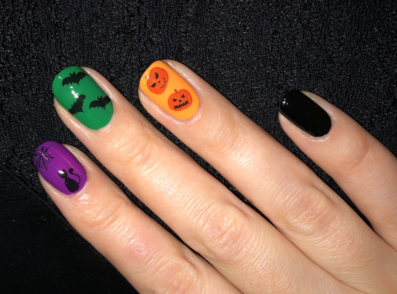 Halloween Nail Art pumpkin bats spider web boo trick or treat Jack-o'-lantern spooky season scary decals water stickers zdjęcie 4