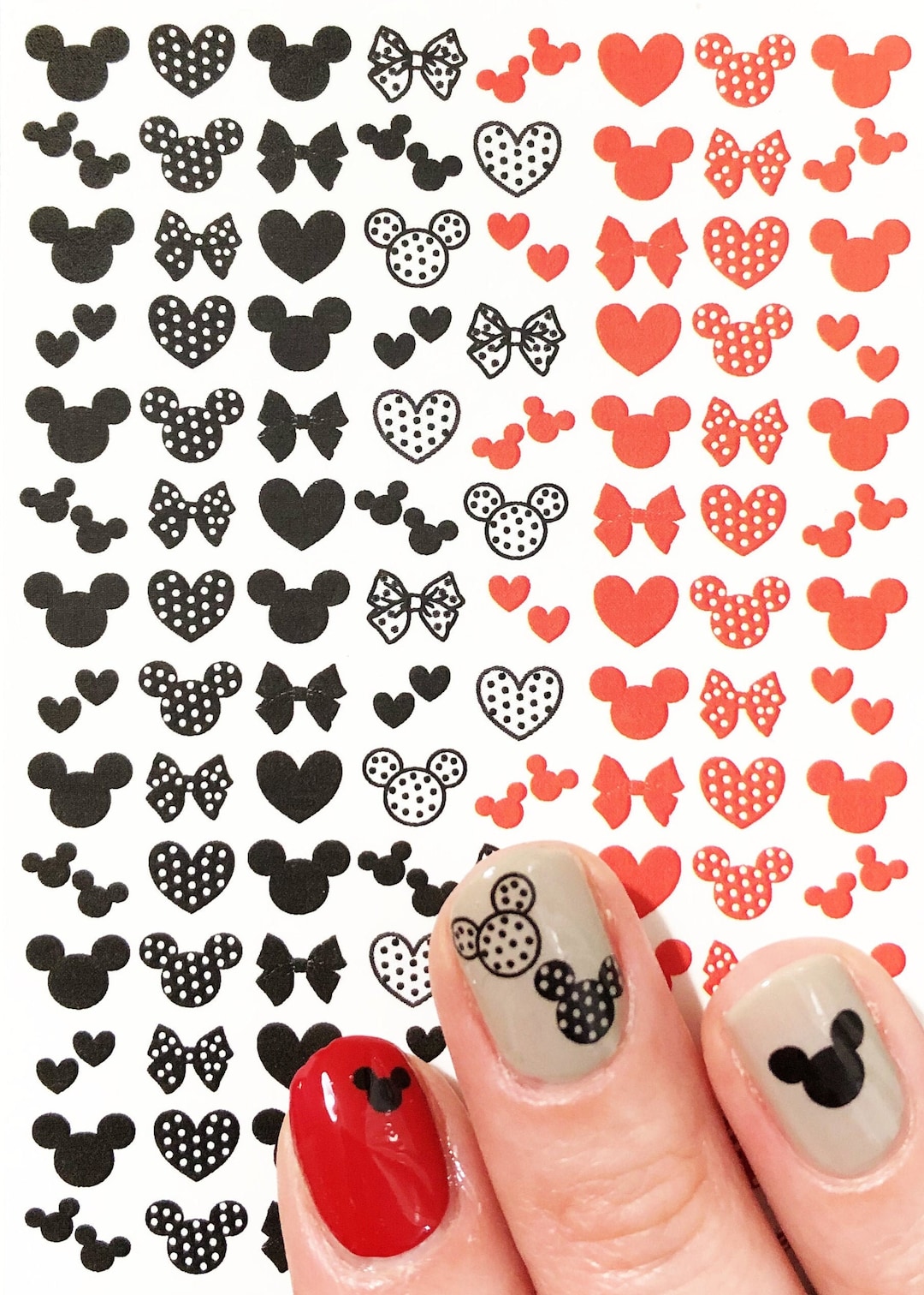 Mickey Mouse Cute Nail Wraps / Polka Dot Nail Polish Strips / Bow Nail  Stickers / Valentine Nail Wraps / Red Disney Nail Wraps Free Shipping
