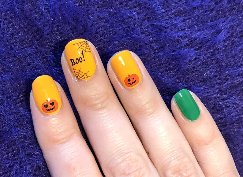 Halloween Nail Art pumpkin bats spider web boo trick or treat Jack-o'-lantern spooky season scary decals water stickers zdjęcie 5