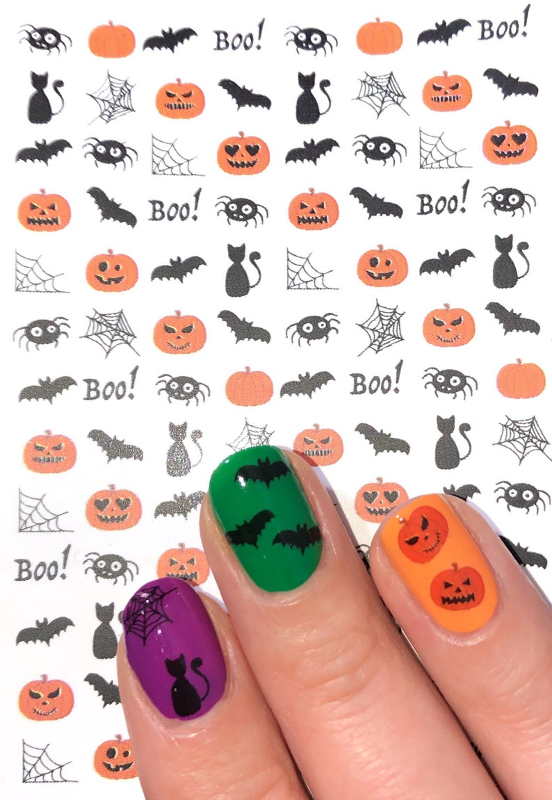 Halloween Nail Art pumpkin bats spider web boo trick or treat Jack-o'-lantern spooky season scary decals water stickers zdjęcie 1