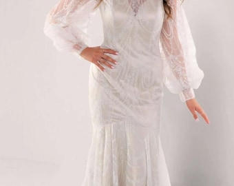 Vestido de novia sirena de organza color marfil brillante, mangas globo, talla 12 del Reino Unido