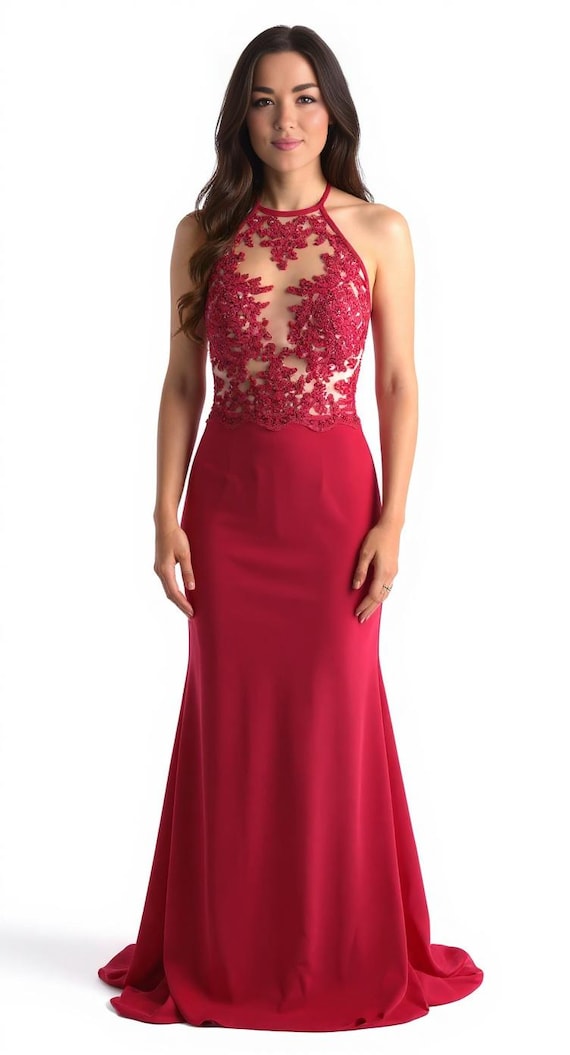Red Evening Dress, Halter Neck Plunge, Bridesmaid, Prom Dress, Fishtail, Size 10, UK - Etsy UK Red Evening Dress, Halter Neck Plunge, Bridesmaid, Prom Dress, Fishtail, Size 10, UK - Etsy UK